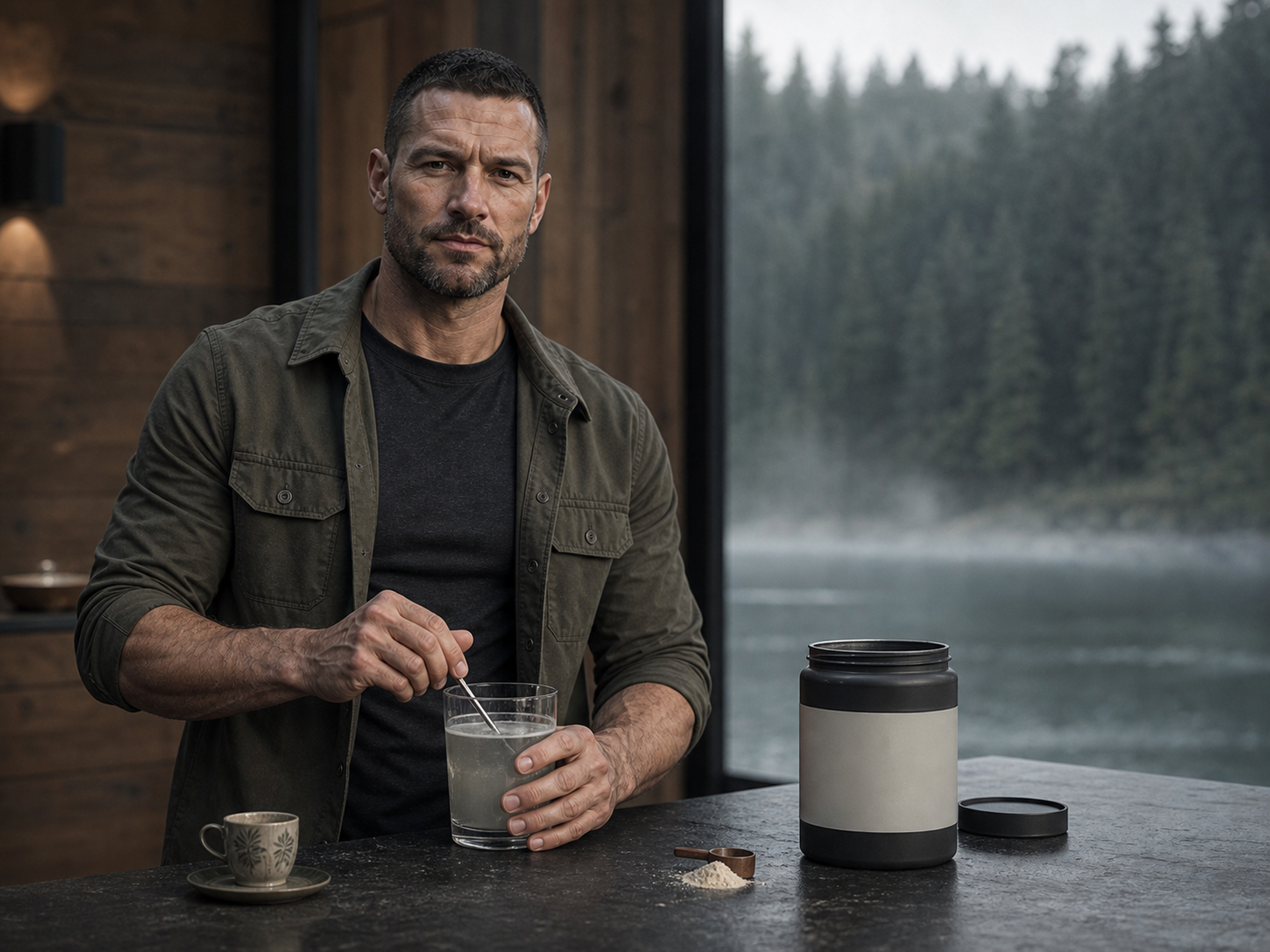 Brock Sterling preparing a fictional performance drink in a timber training lodge